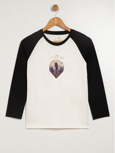 Camiseta Manga Longa Juvenil Para Menina - OFF WHITE/PRETO