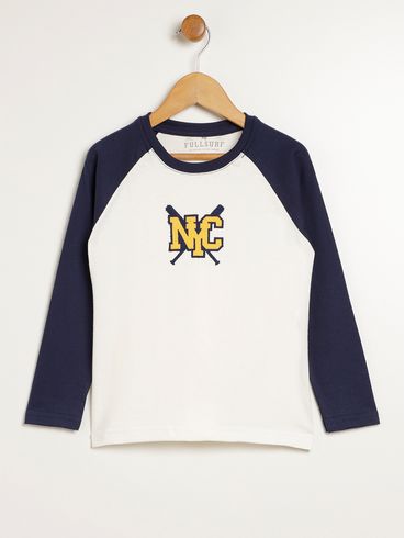 Camiseta Manga Longa Infantil Para Menino - OFF WHITE/MARINHO