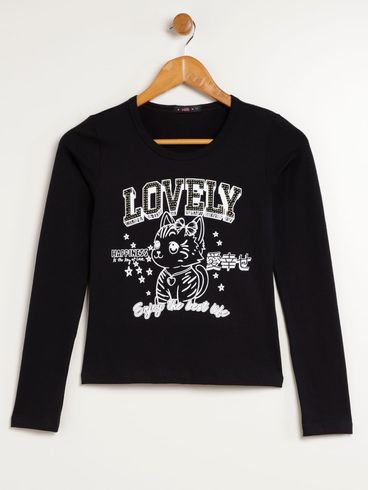 Blusa Manga Longa Vels Juvenil Para Menina - PRETO