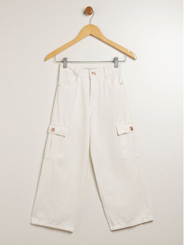 Calça Sarja Wide Leg Cargo Juvenil Para Menina - OFF WHITE