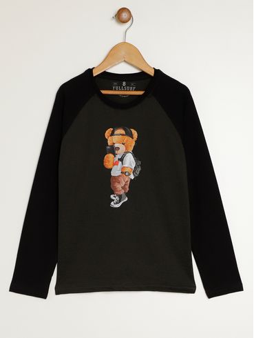 Camiseta Manga Longa Infantil Para Menino - VERDE/PRETO