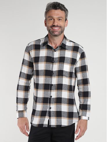 Camisa Manga Longa Xadrez Masculina BEGE/BRANCO/PRETO