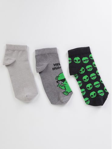Kit com 03 Meias Juvenil Para Menino - VERDE/CINZA
