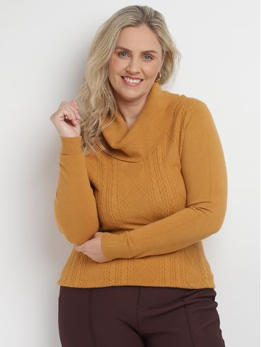 Blusa Tricot Manga Longa Plus Size Feminina OCRE