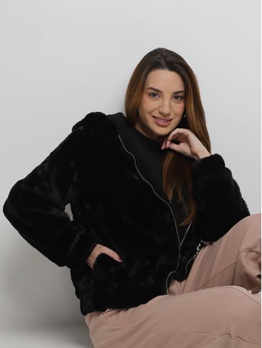 Jaqueta Pelos Sintéticos Autentique Feminina PRETO
