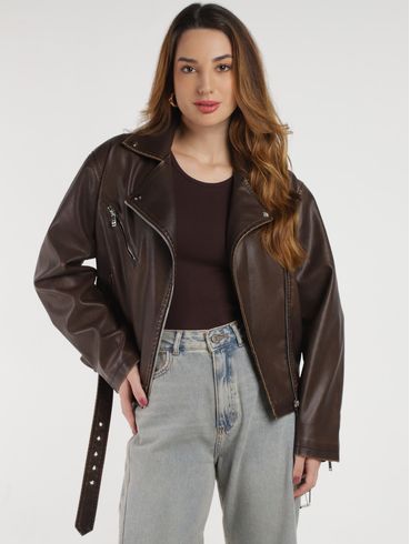 Jaqueta Biker Estonada Autentique Feminina MARROM