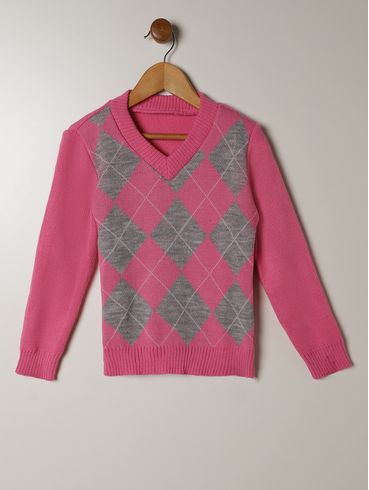 Blusão Tricot Xadrez Infantil Para Menina - ROSA