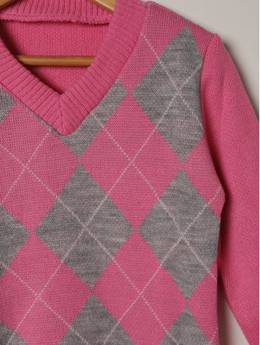 Blusão Tricot Xadrez Infantil Para Menina - ROSA