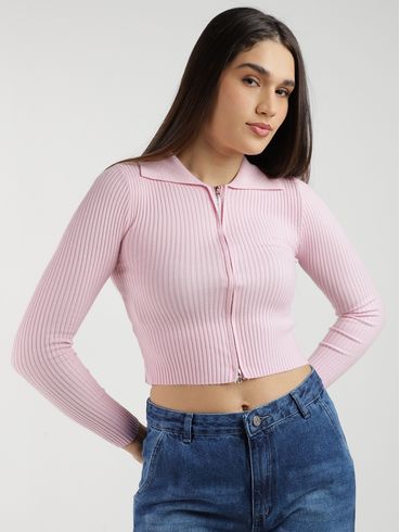 Blusa Tricot Gola Polo Feminina ROSA