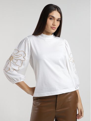 Blusa Manga 3/4 Gola Alta Autentique Feminina OFF WHITE