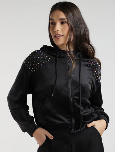 Jaqueta Veludo com Capuz Feminina PRETO