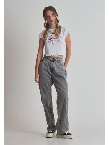 Calça jeans reta cintura alta com brilhos