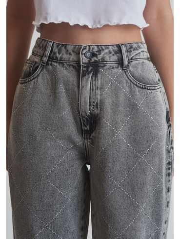 Calça jeans reta cintura alta com brilhos