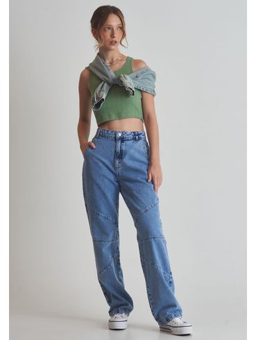 Calça Jeans Cintura Alta com Bordado de Flores