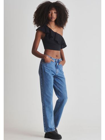 Calça jeans reta brilho cravejado