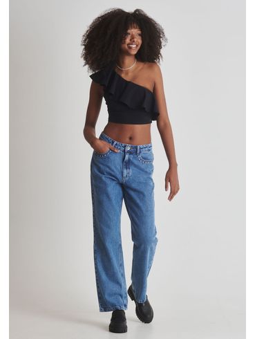 Calça jeans reta brilho cravejado