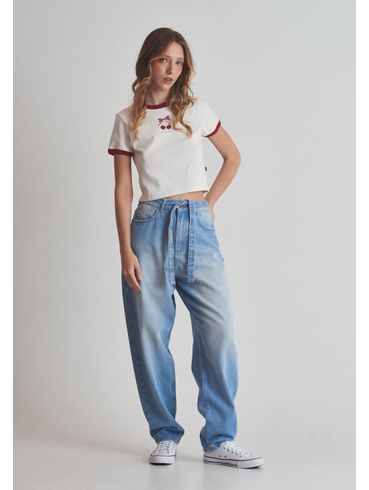 Calça Jeans Balloon Cintura Média com Cinto