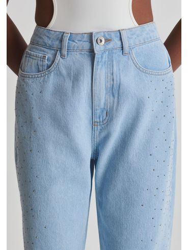 Calça jeans reta hotfix laterais