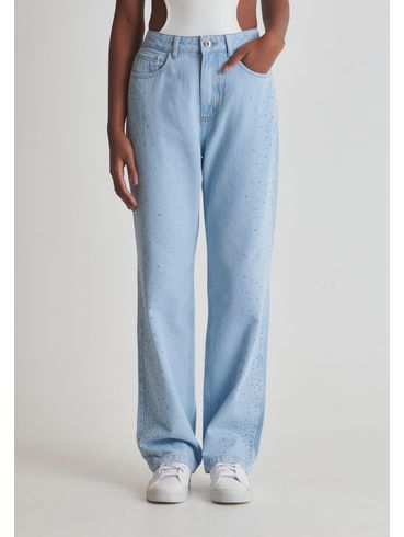 Calça jeans reta hotfix laterais