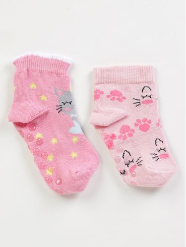 Kit  02 Meias Antiderrapante Infantil Para Bebê - CINZA/ROSA