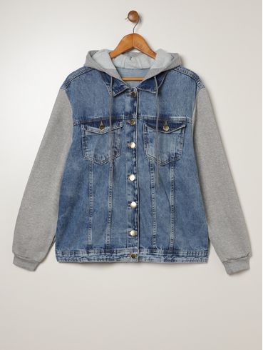 Jaqueta Jeans Manga Moletom Plus Size Feminino AZUL