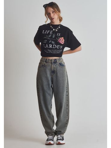 Calça jeans balloon cintura média esverdeado claro