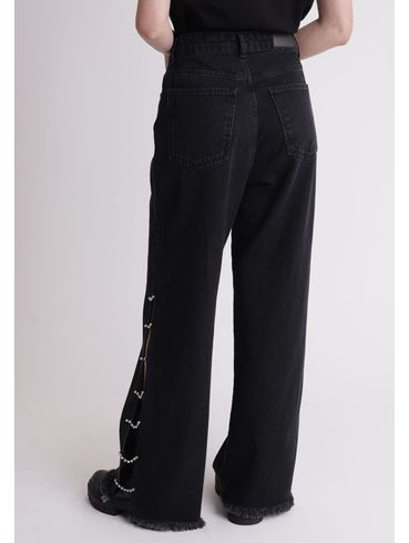 Calça jeans wide leg cintura alta abertura lateral
