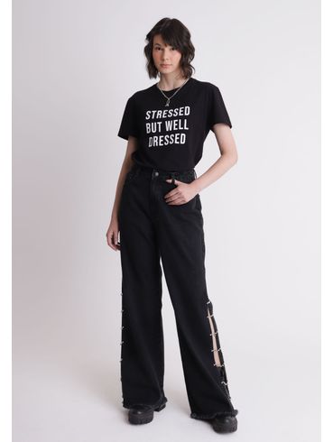Calça jeans wide leg cintura alta abertura lateral