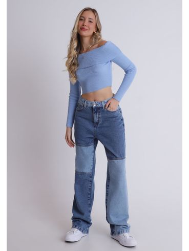 Calça jeans cintura alta reta bicolor