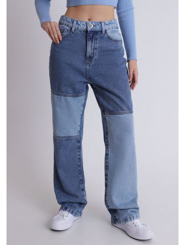 Calça jeans cintura alta reta bicolor
