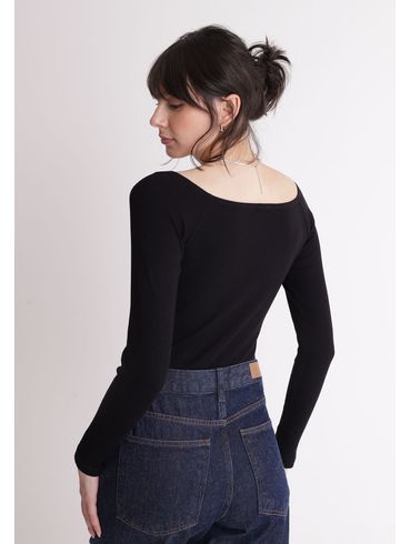 Body manga longa canelado ombro a ombro