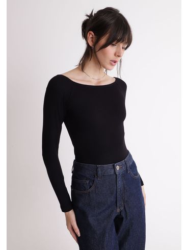 Body manga longa canelado ombro a ombro